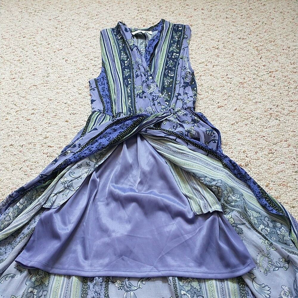 ASTR The Label Maxi Dress Women S Purple Floral Striped High Low Faux Wrap Lined - Picture 7 of 9
